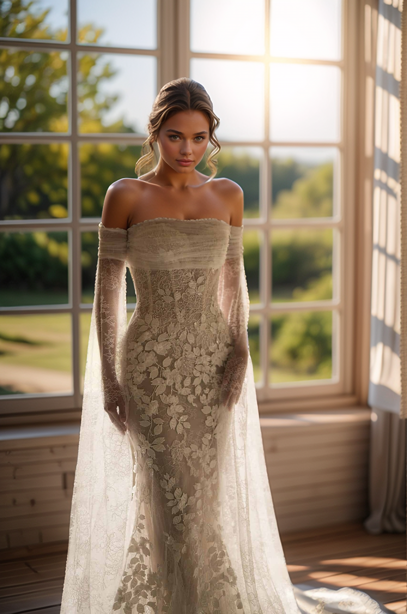 Ethereal Off-Shoulder Lace Wedding Dress with Sheer Bell Sleeves & Floral Embroidery