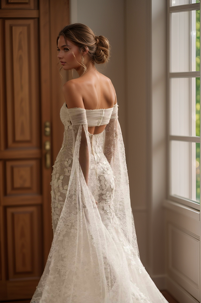 Ethereal Off-Shoulder Lace Wedding Dress with Sheer Bell Sleeves & Floral Embroidery