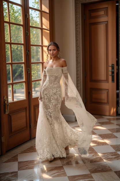 Ethereal Off-Shoulder Lace Wedding Dress with Sheer Bell Sleeves & Floral Embroidery