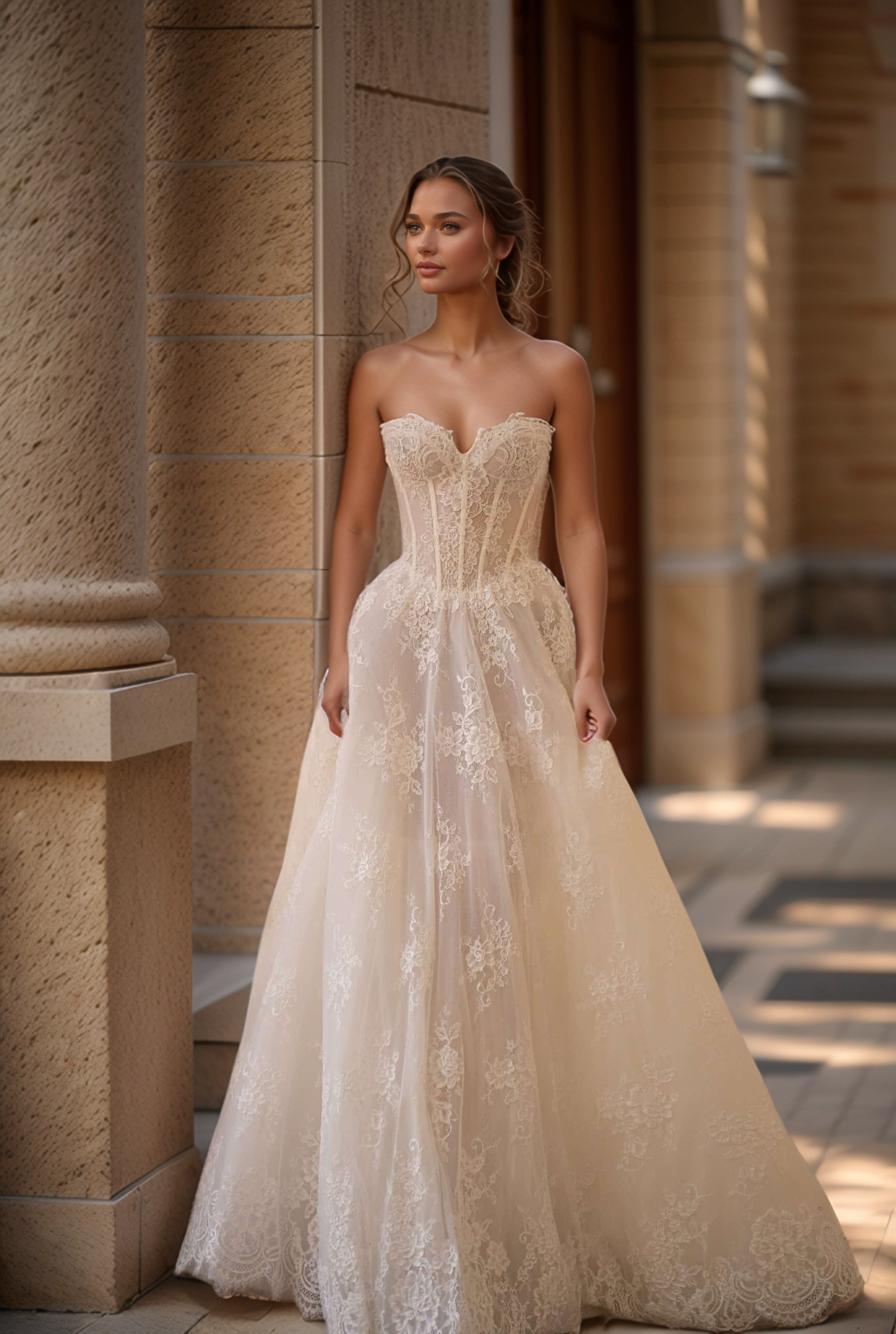 Romantic Off-Shoulder Lace A-Line Wedding Dress with Long Sleeves & Cathedral Veil