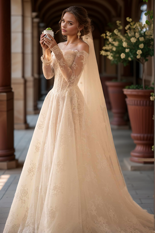 Romantic Off-Shoulder Lace A-Line Wedding Dress with Long Sleeves & Cathedral Veil