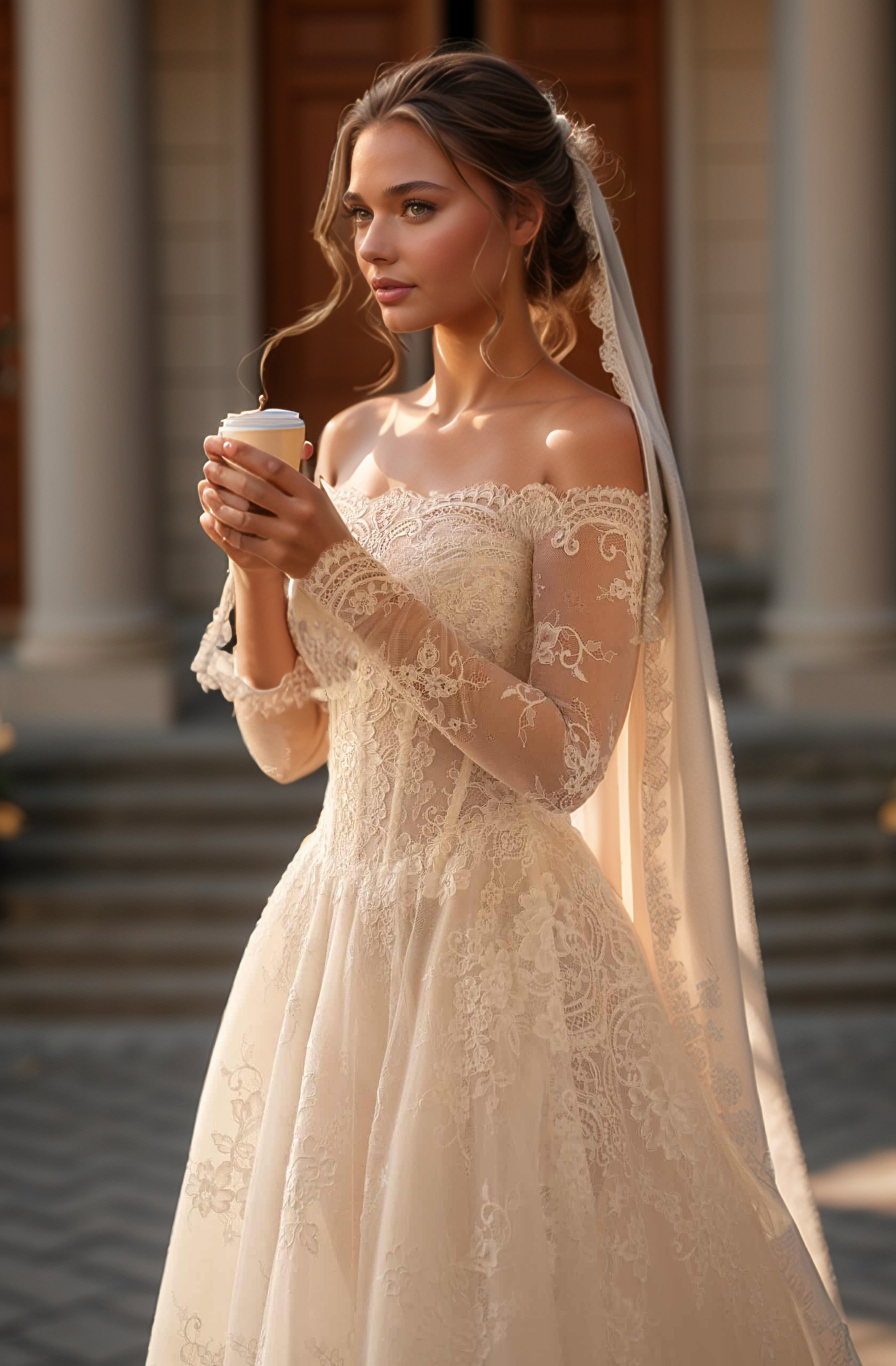 Romantic Off-Shoulder Lace A-Line Wedding Dress with Long Sleeves & Cathedral Veil