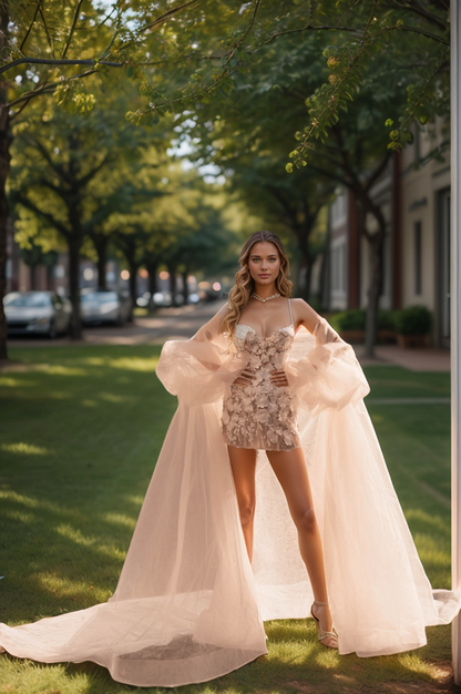 Chic Strapless 3D Floral Mini Wedding Dress with Detachable Tulle Train