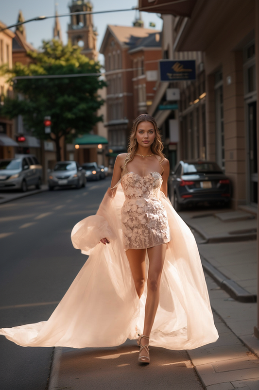 Chic Strapless 3D Floral Mini Wedding Dress with Detachable Tulle Train