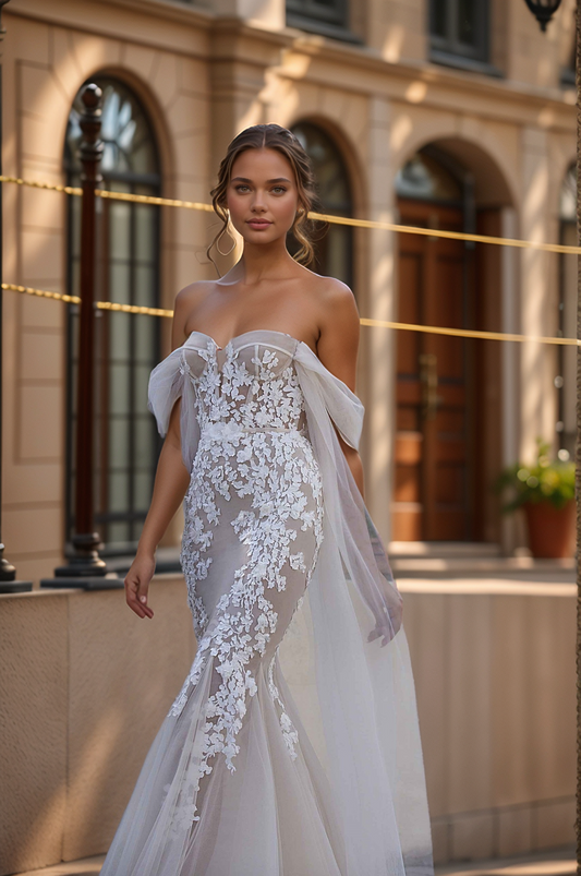 Elegant Sheer Corset Mermaid Wedding Dress with 3D Floral Appliqués