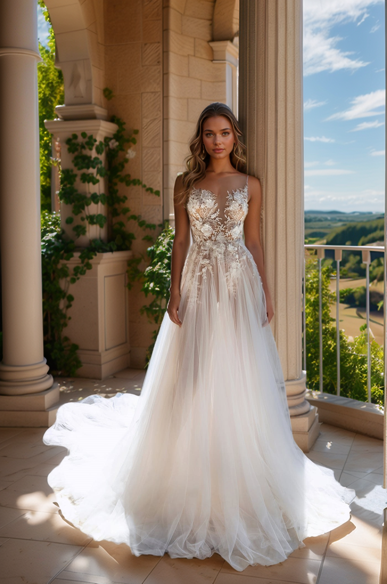 Ethereal Sheer Bodice A-Line Wedding Dress with Floral Appliqués