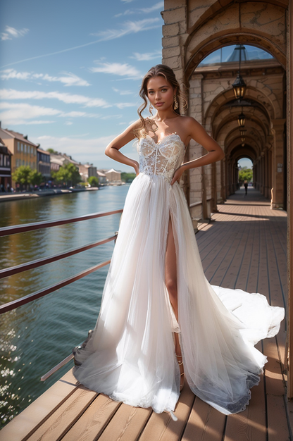 Modern Sheer Corset Wedding Dress with High Slit & Flowing Tulle