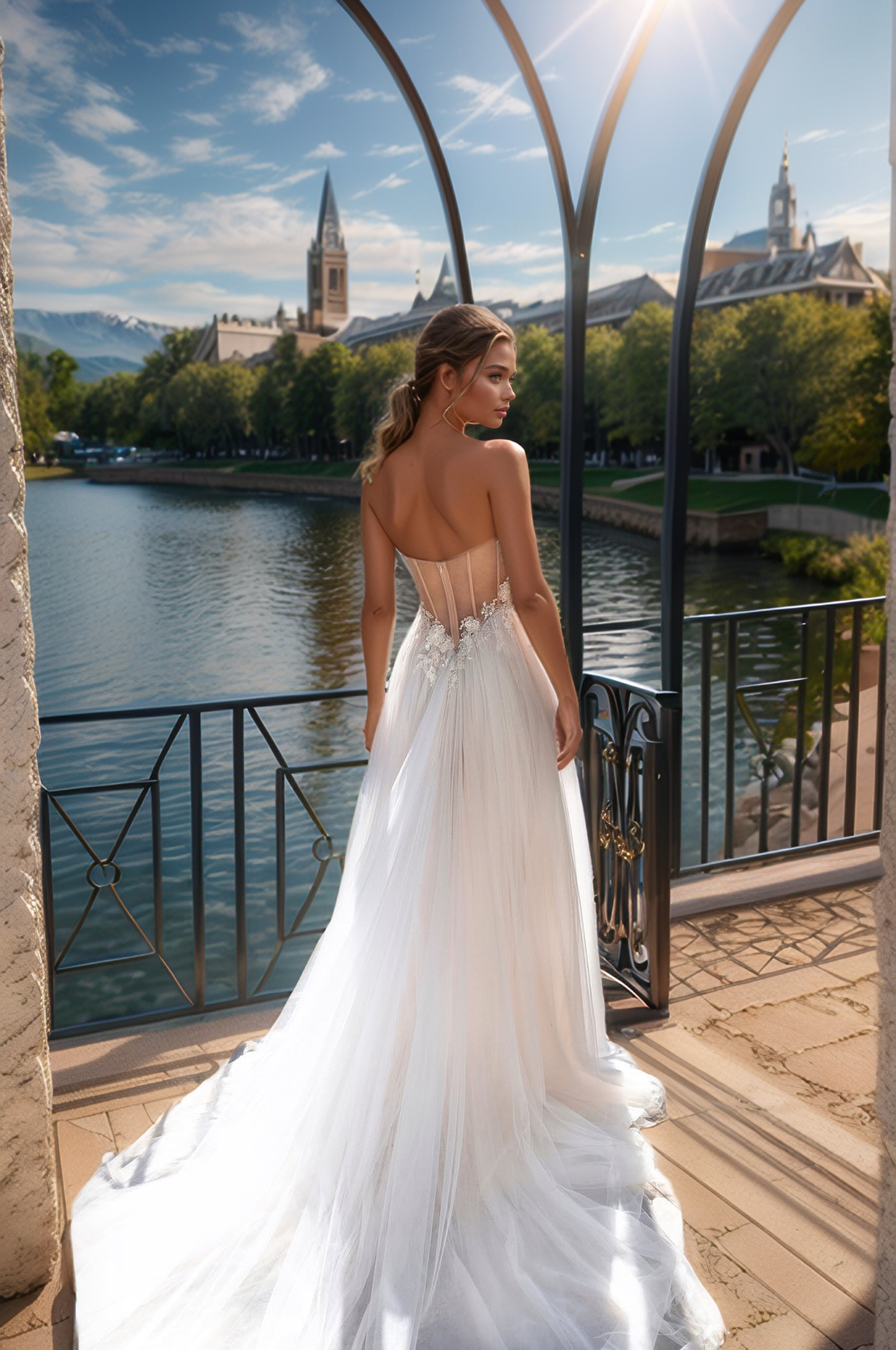 Modern Sheer Corset Wedding Dress with High Slit & Flowing Tulle