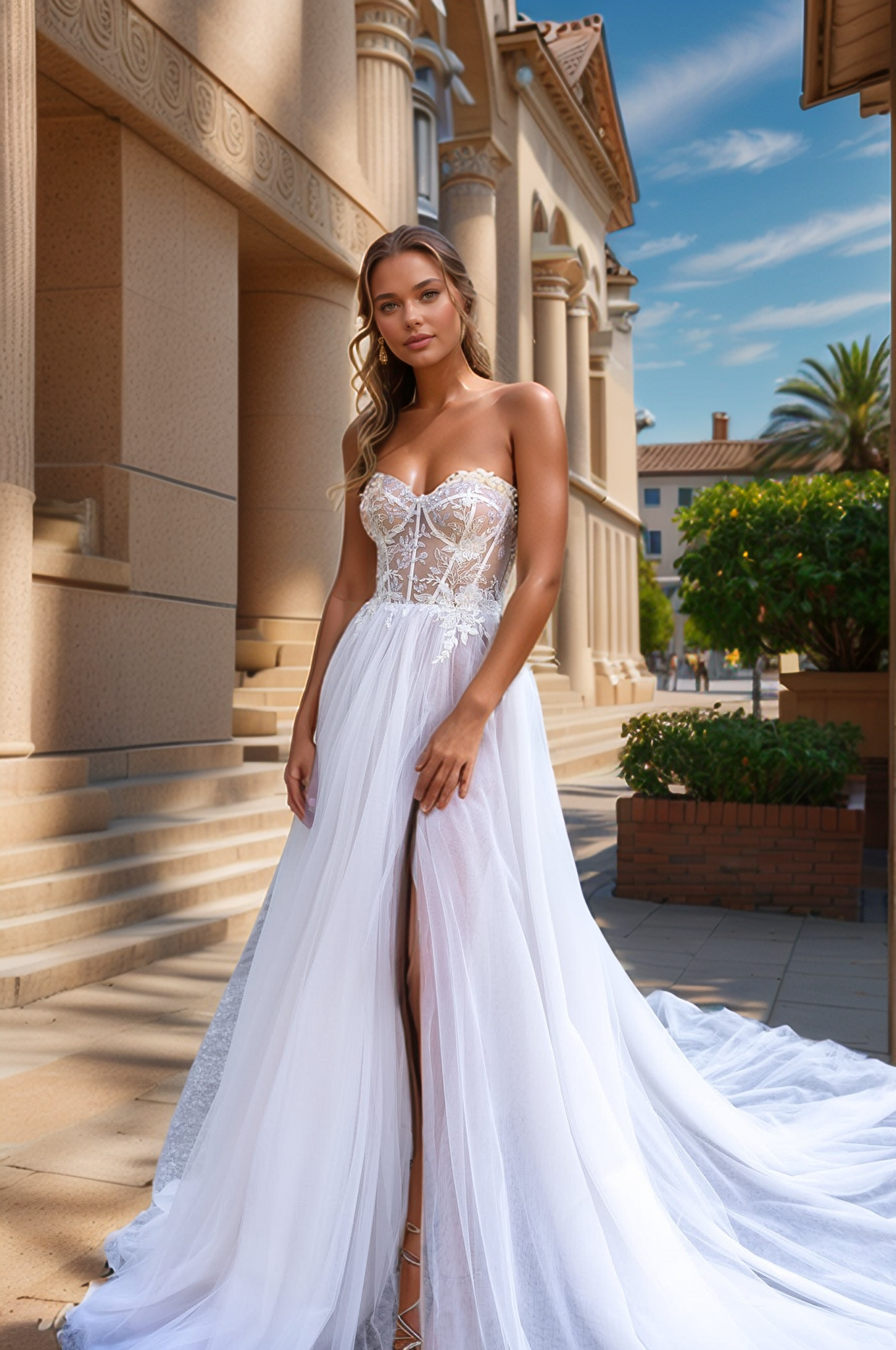 Modern Sheer Corset Wedding Dress with High Slit & Flowing Tulle