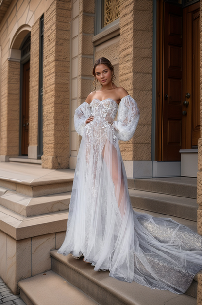 Ethereal Sheer Corset Wedding Dress with Lace & High Slit