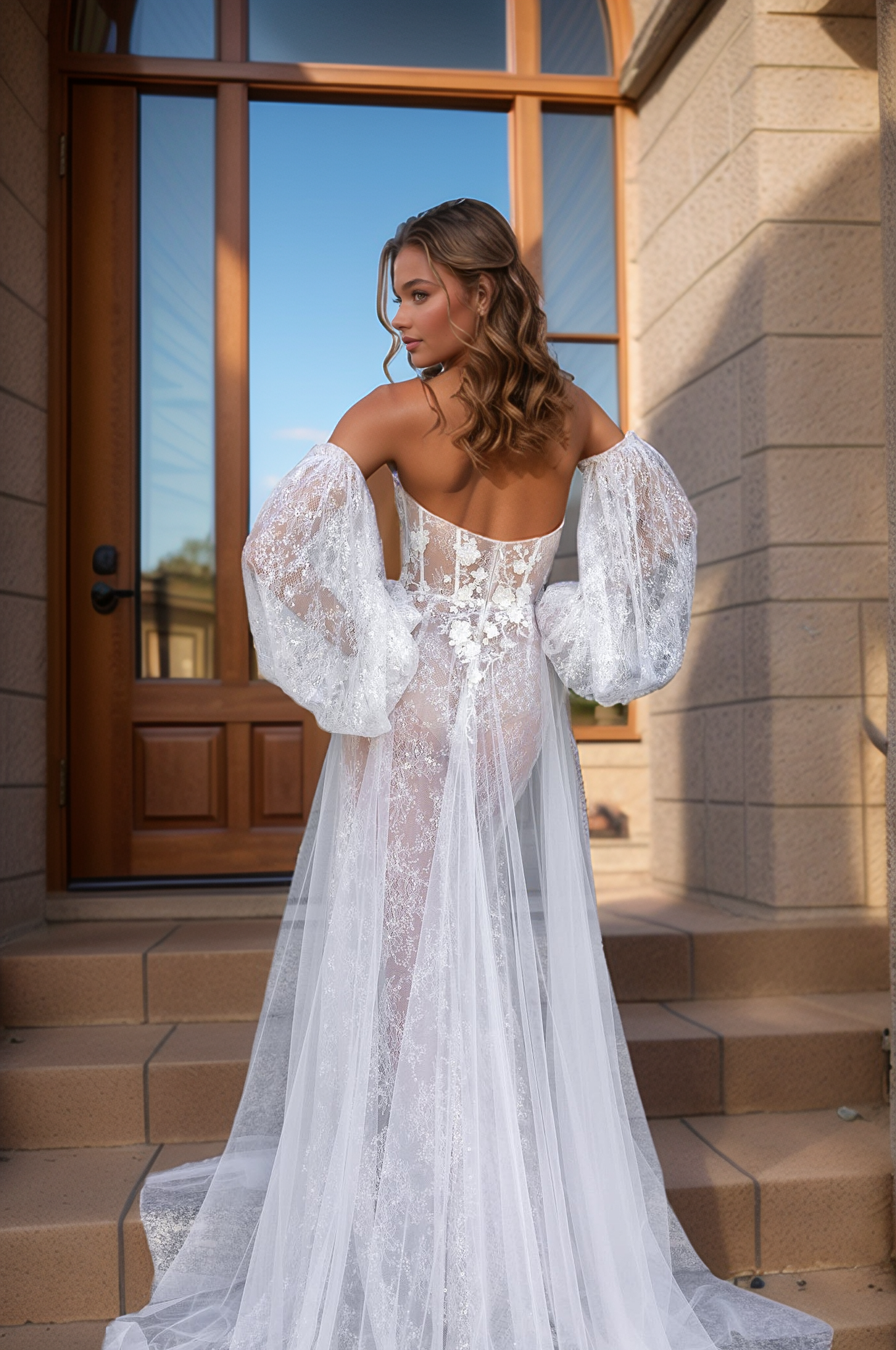 Ethereal Sheer Corset Wedding Dress with Lace & High Slit