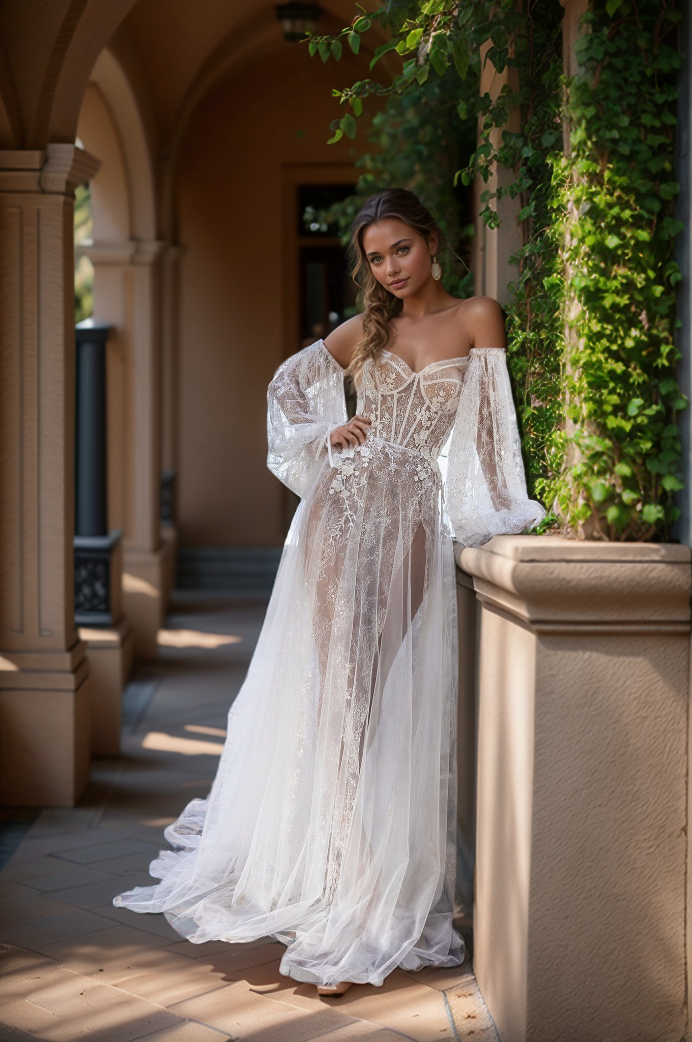 Ethereal Sheer Corset Wedding Dress with Lace & High Slit