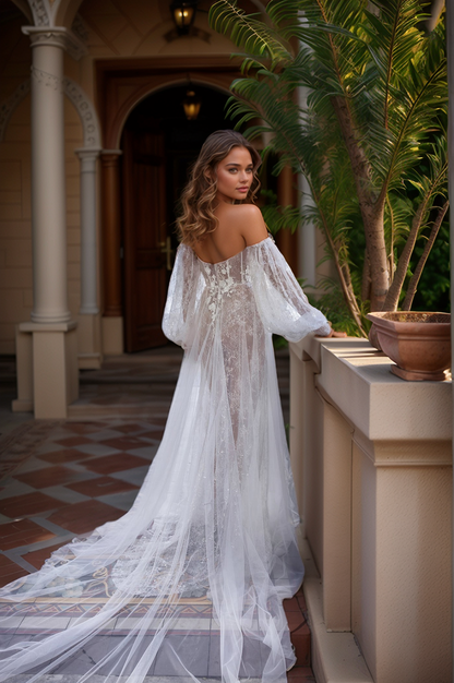 Ethereal Sheer Corset Wedding Dress with Lace & High Slit