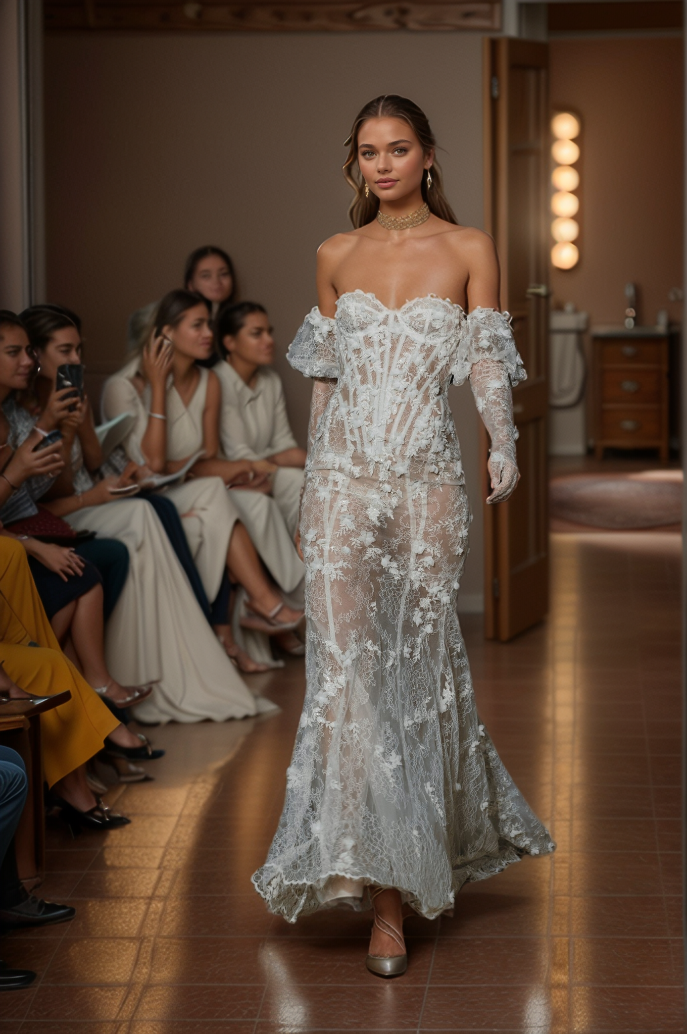 Sheer Lace Corset Wedding Dress with Off-Shoulder Sleeves & Floral Embroidery