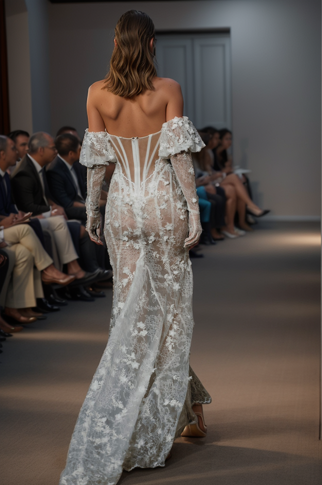 Sheer Lace Corset Wedding Dress with Off-Shoulder Sleeves & Floral Embroidery