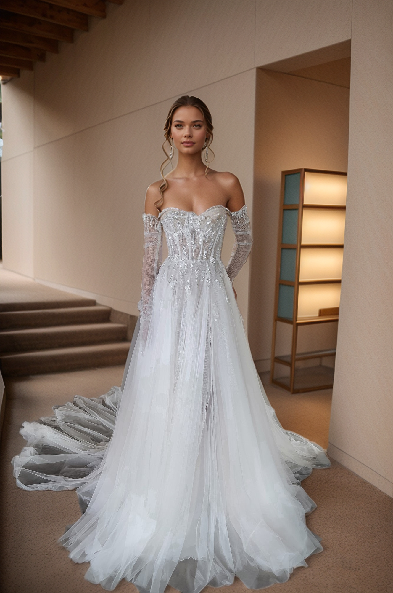 Sparkling Sheer Corset Wedding Dress with Off-Shoulder Sleeves & Flowing Train