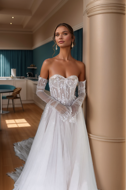 Sparkling Sheer Corset Wedding Dress with Off-Shoulder Sleeves & Flowing Train