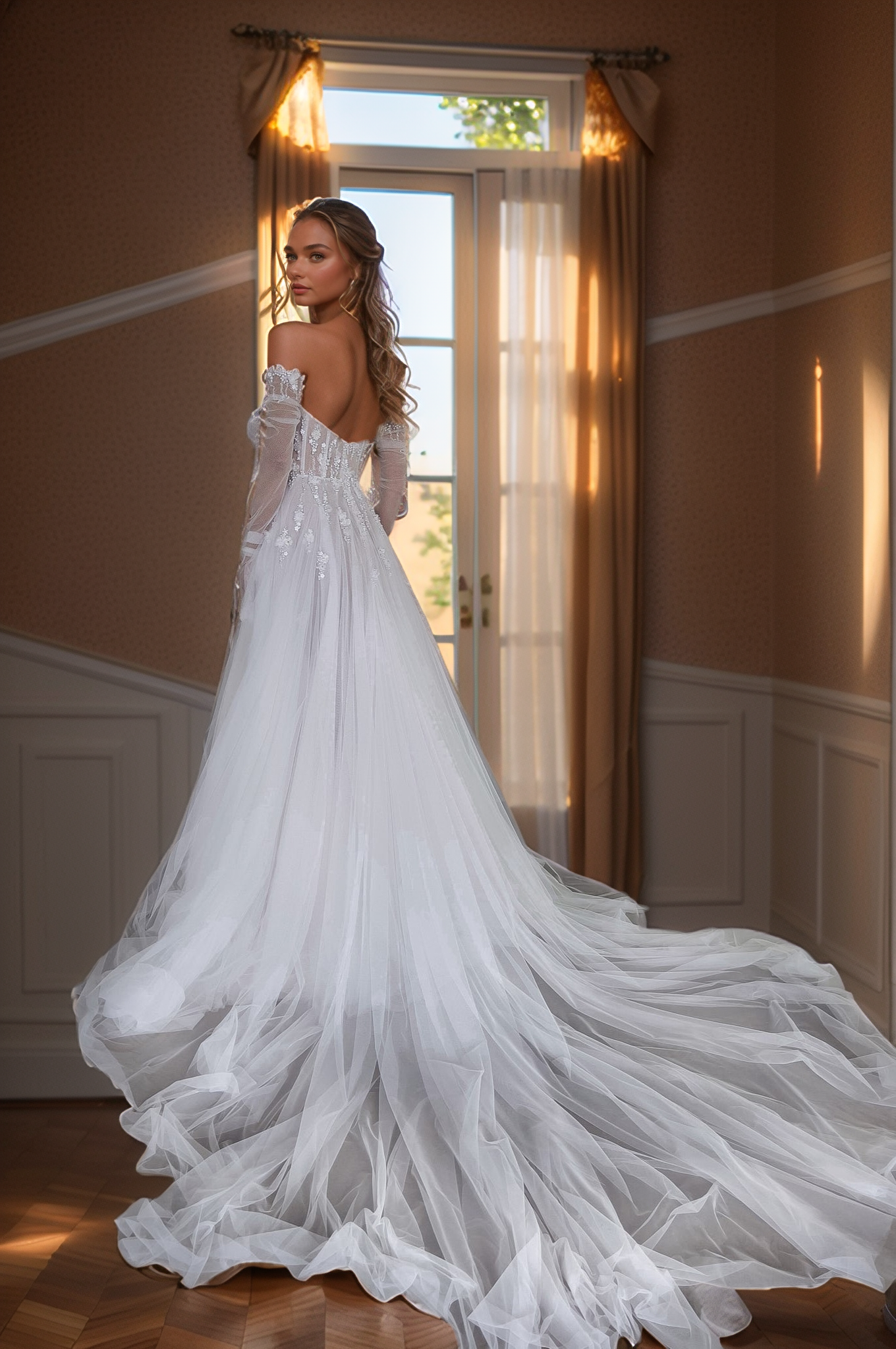 Sparkling Sheer Corset Wedding Dress with Off-Shoulder Sleeves & Flowing Train