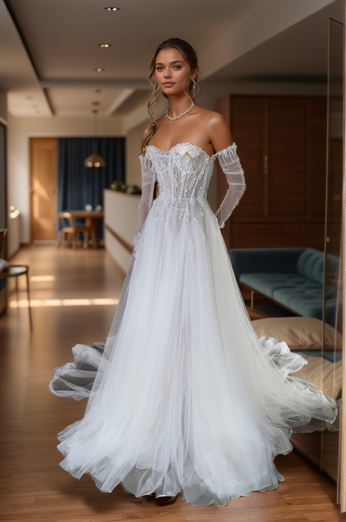 Sparkling Sheer Corset Wedding Dress with Off-Shoulder Sleeves & Flowing Train