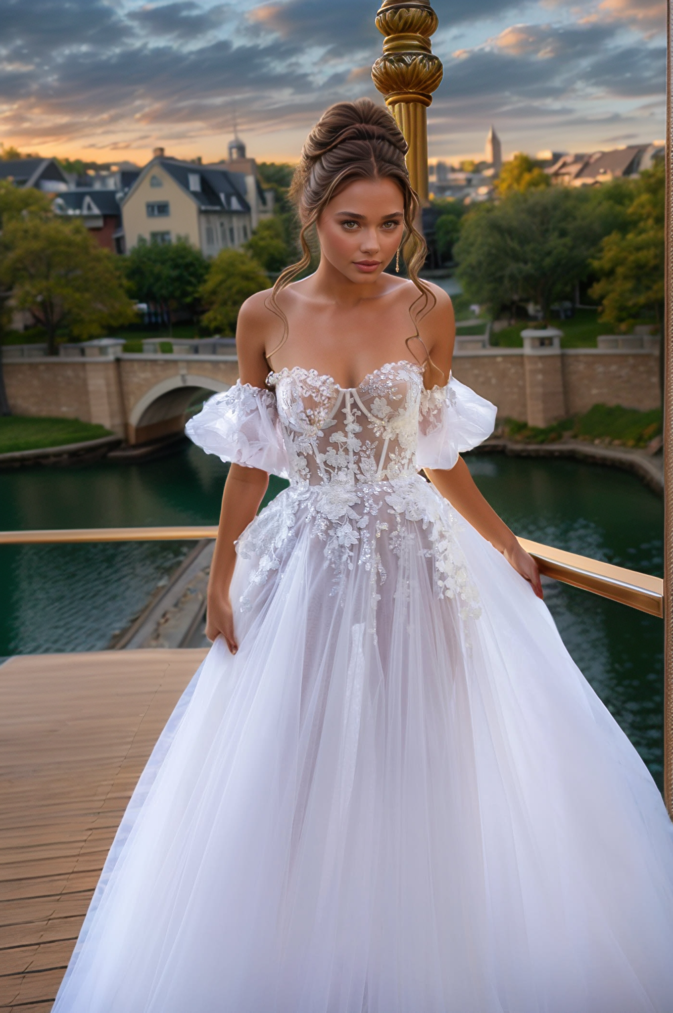 Romantic Off-Shoulder Floral Lace Corset Wedding Dress with Flowing Tulle Skirt