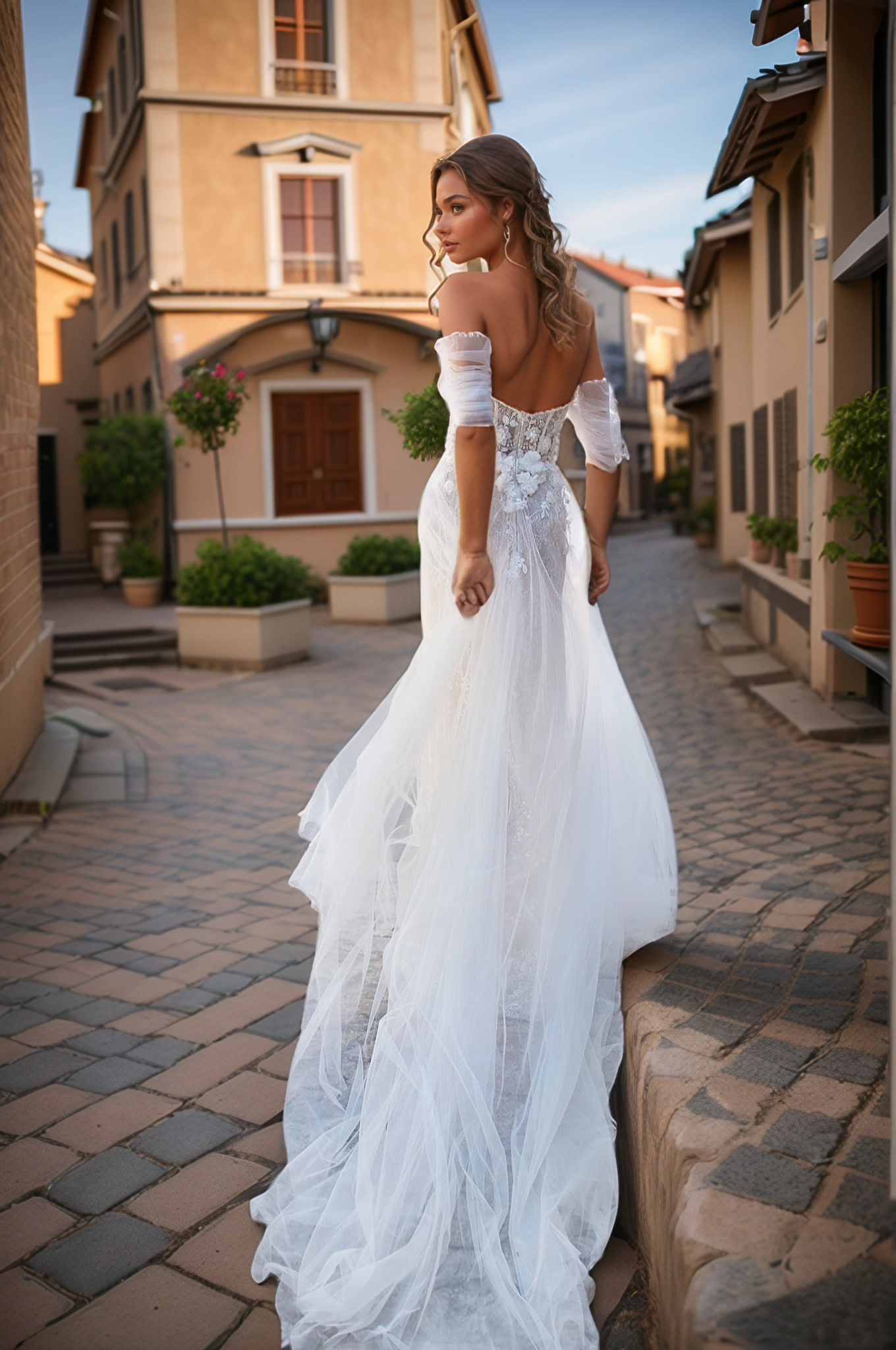 Ethereal Sheer Lace Corset Wedding Dress with Off-Shoulder Sleeves & High Slit