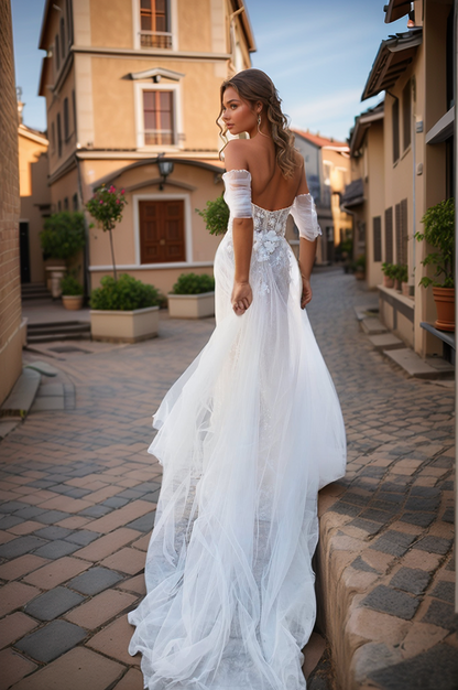 Ethereal Sheer Lace Corset Wedding Dress with Off-Shoulder Sleeves & High Slit