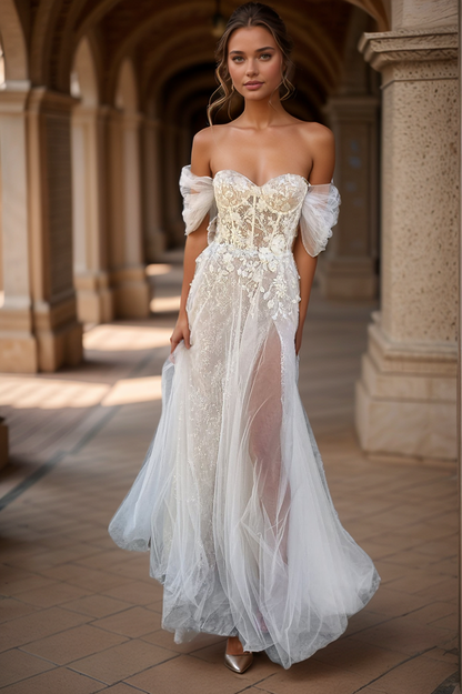 Ethereal Sheer Lace Corset Wedding Dress with Off-Shoulder Sleeves & High Slit