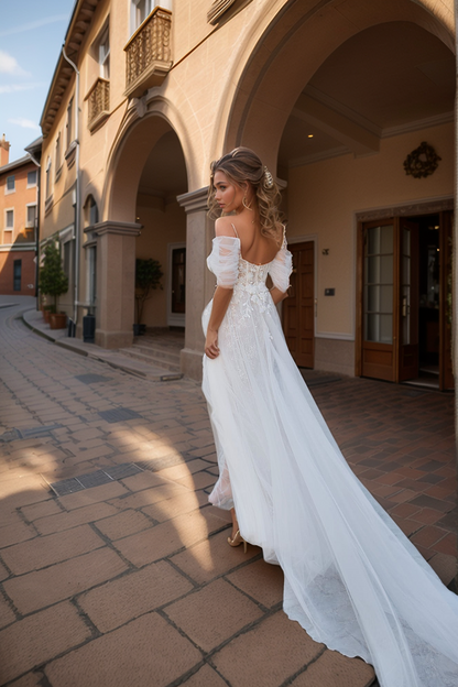 Ethereal Sheer Lace Corset Wedding Dress with Off-Shoulder Sleeves & High Slit