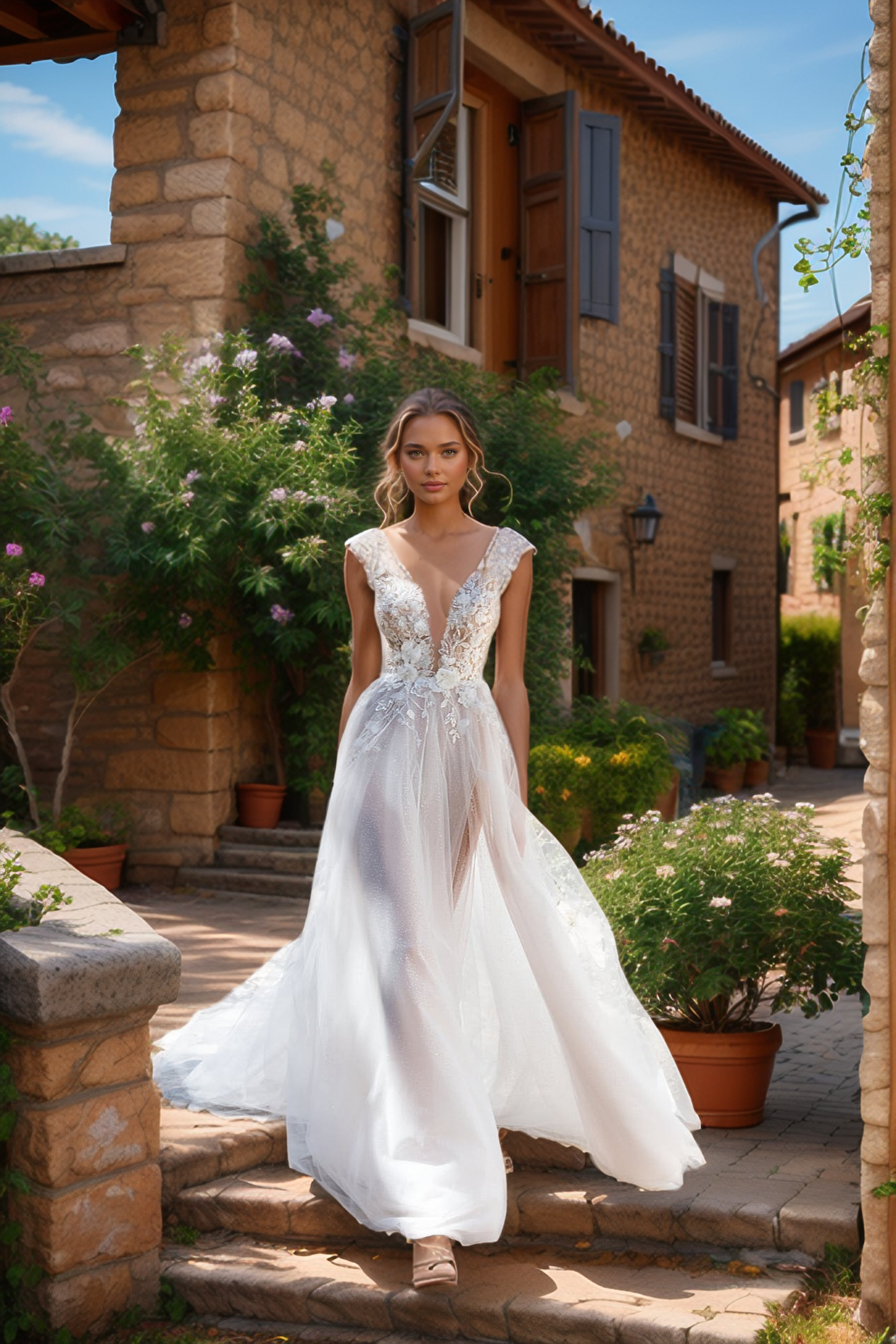 Enchanting Deep V-Neck Sheer Lace Wedding Dress with Floral Appliqués & Flowing Tulle Skirt