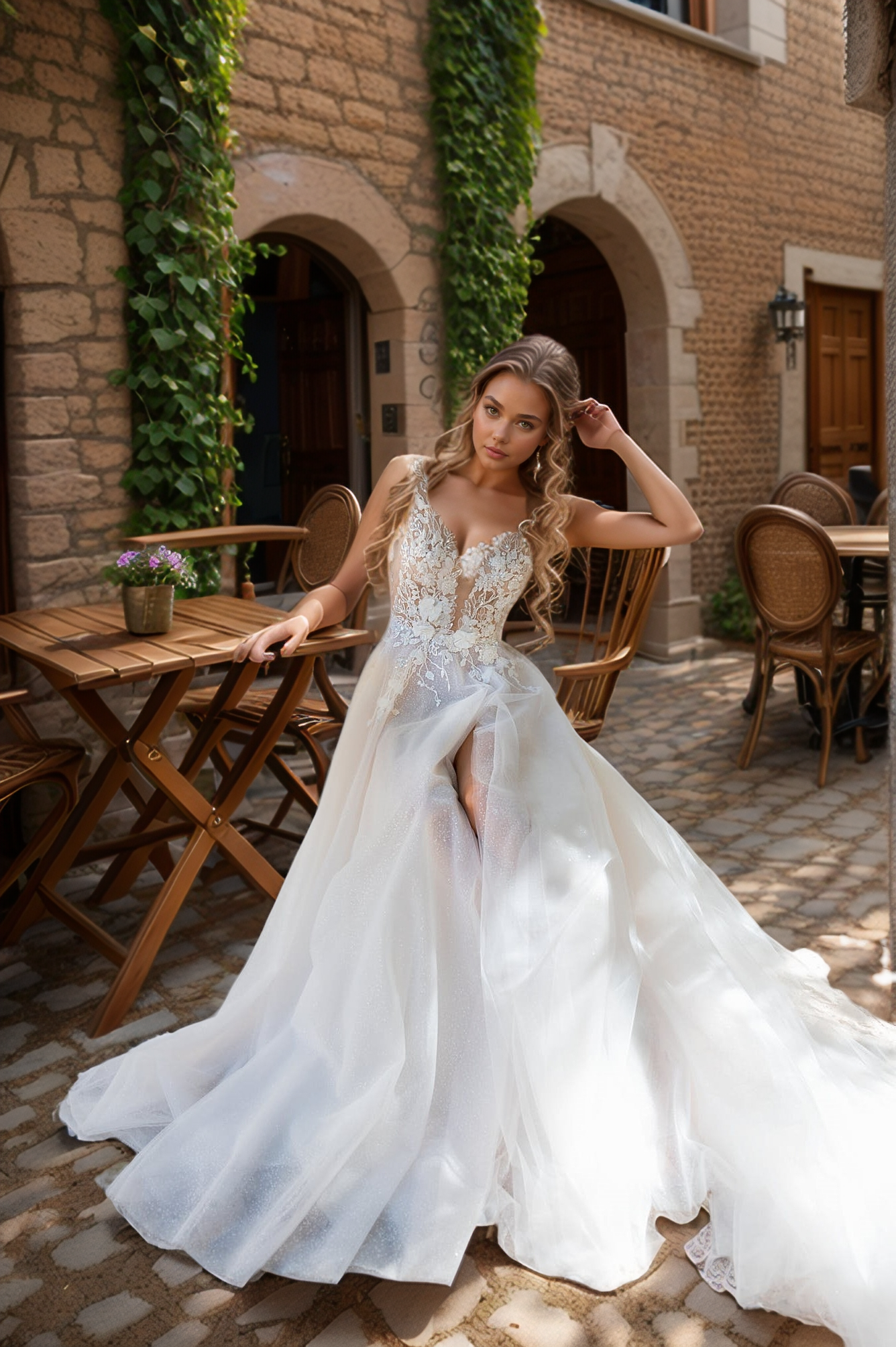 Enchanting Deep V-Neck Sheer Lace Wedding Dress with Floral Appliqués & Flowing Tulle Skirt