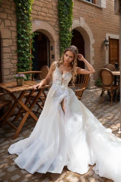 Enchanting Deep V-Neck Sheer Lace Wedding Dress with Floral Appliqués & Flowing Tulle Skirt