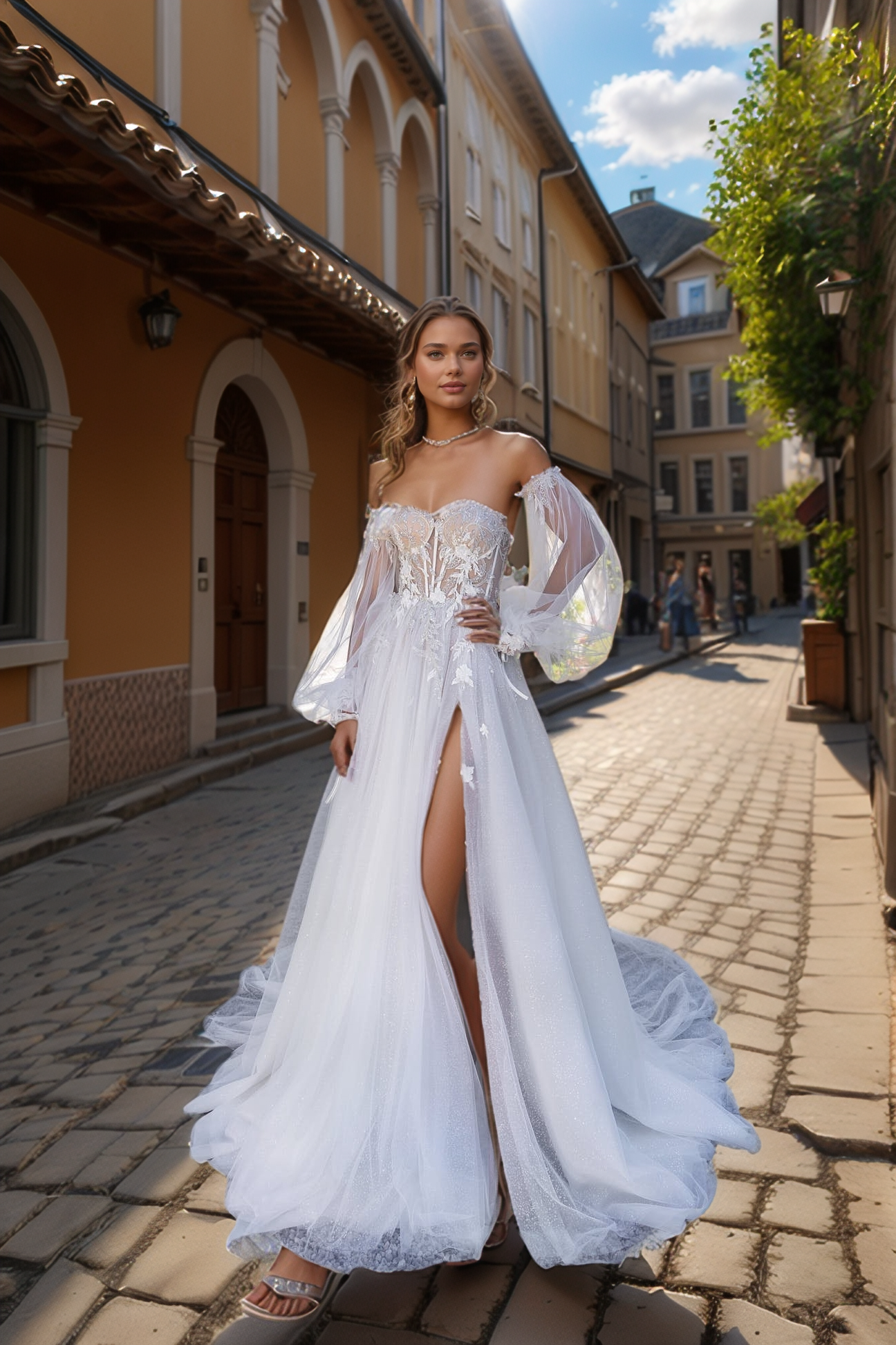 Ethereal Off-Shoulder Corset Wedding Dress with Sheer Balloon Sleeves & High Slit