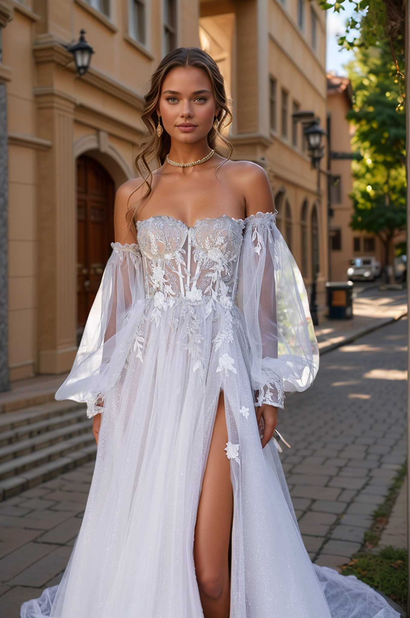 Ethereal Off-Shoulder Corset Wedding Dress with Sheer Balloon Sleeves & High Slit