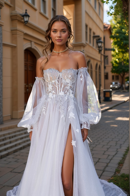 Ethereal Off-Shoulder Corset Wedding Dress with Sheer Balloon Sleeves & High Slit