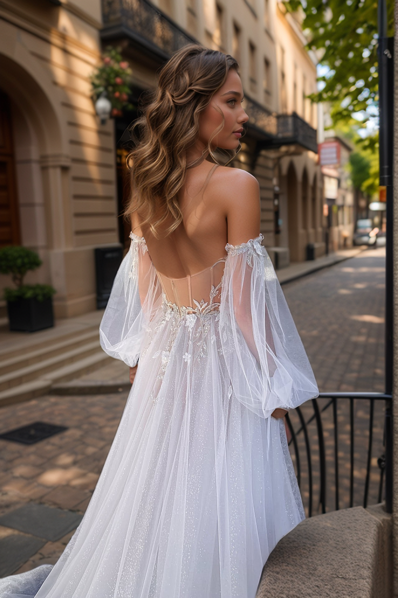 Ethereal Off-Shoulder Corset Wedding Dress with Sheer Balloon Sleeves & High Slit