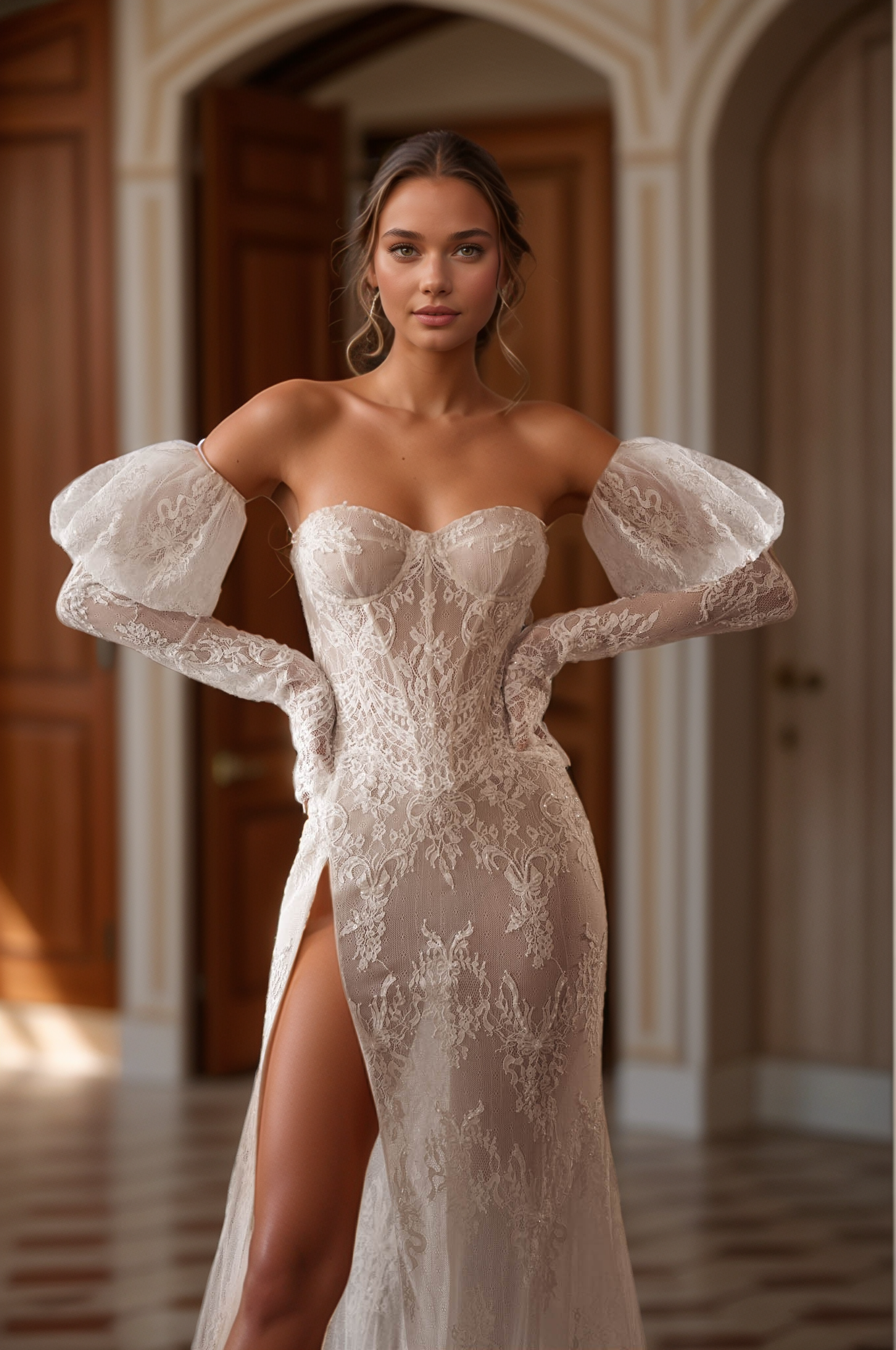 Luxe Nude Lace Off-Shoulder Corset Wedding Dress with High Slit & Detachable Sleeves