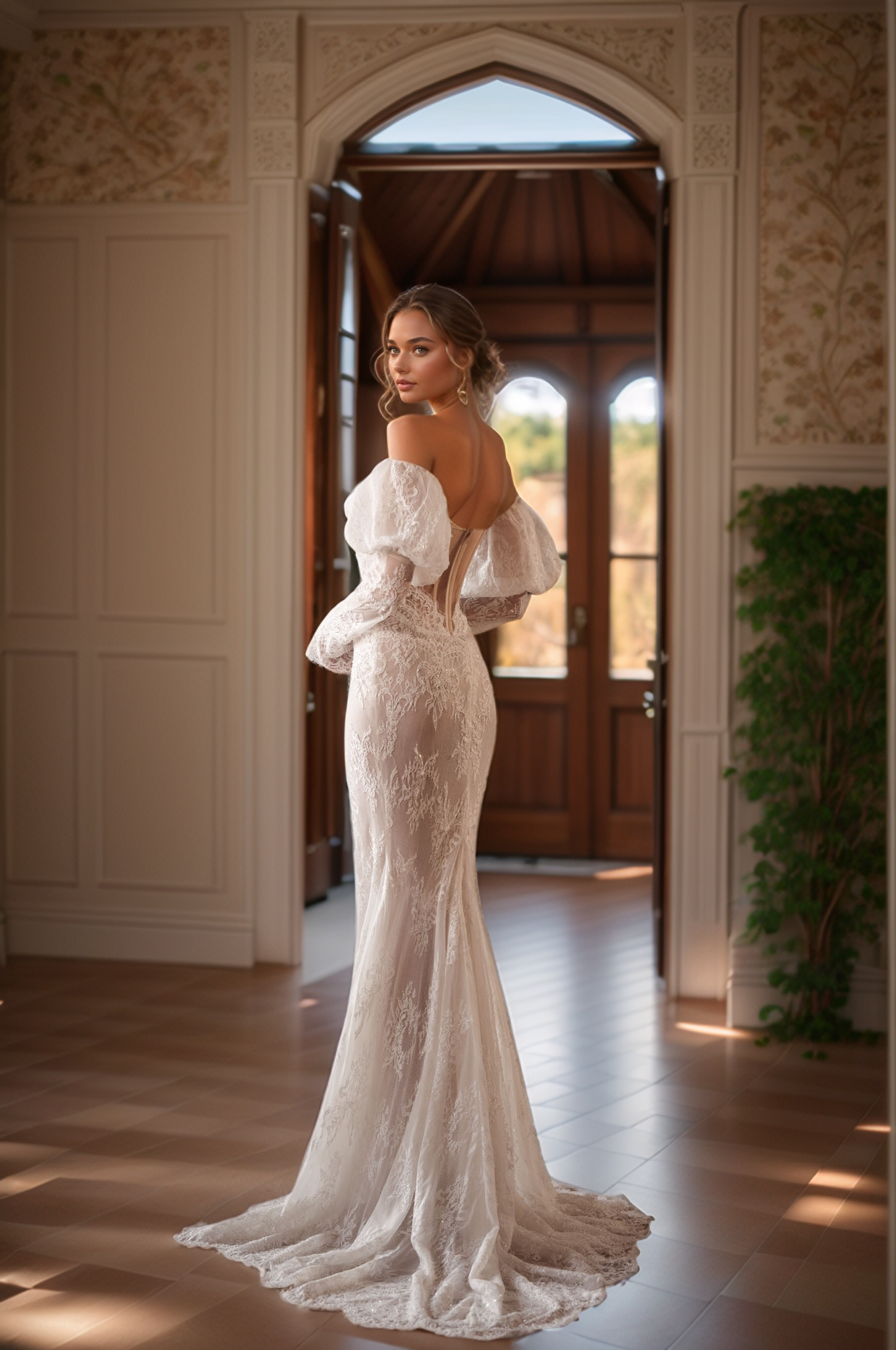 Luxe Nude Lace Off-Shoulder Corset Wedding Dress with High Slit & Detachable Sleeves