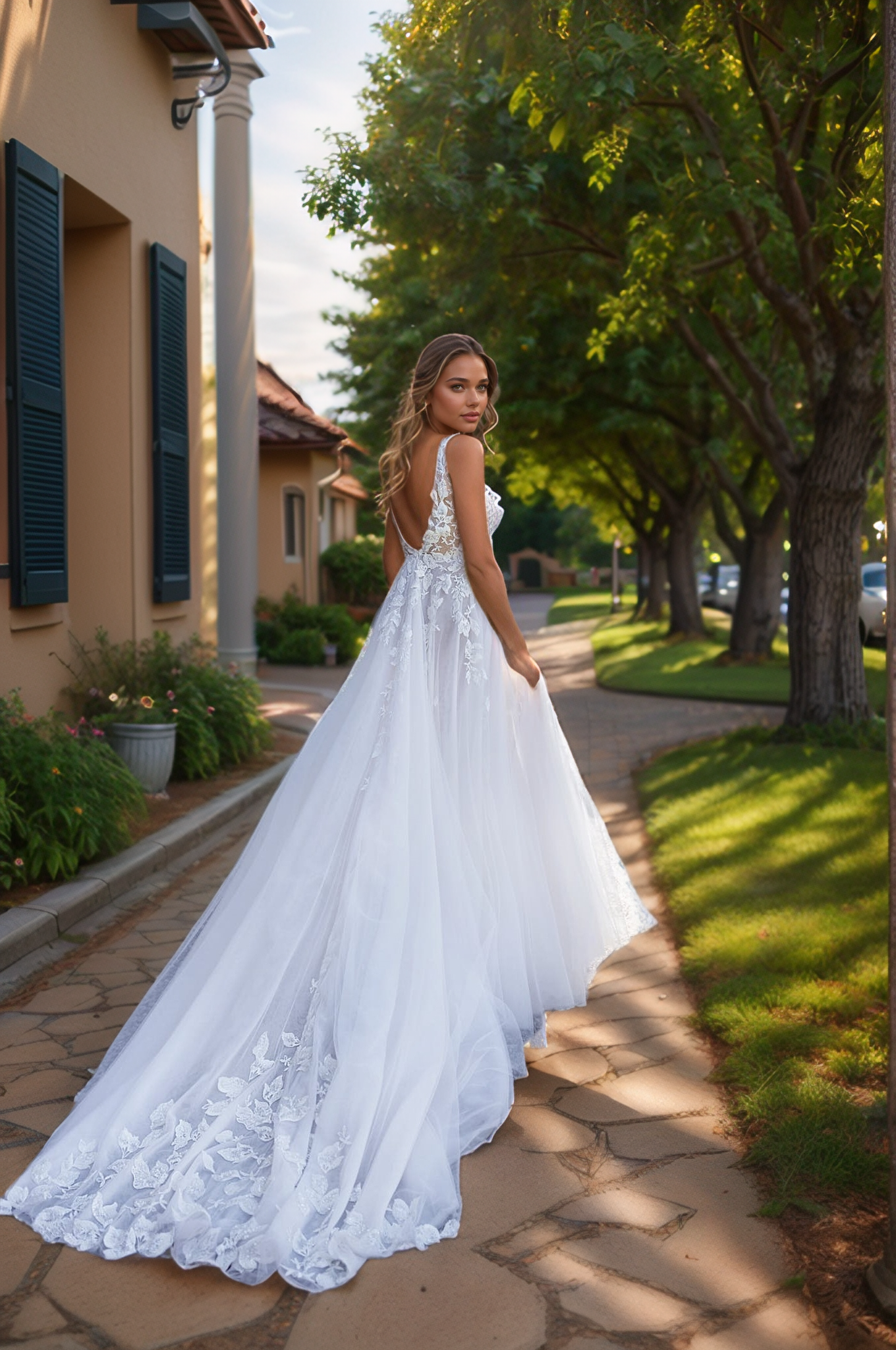 Romantic Plunge V-Neck Sheer Corset Wedding Dress with High Slit & Floral Lace