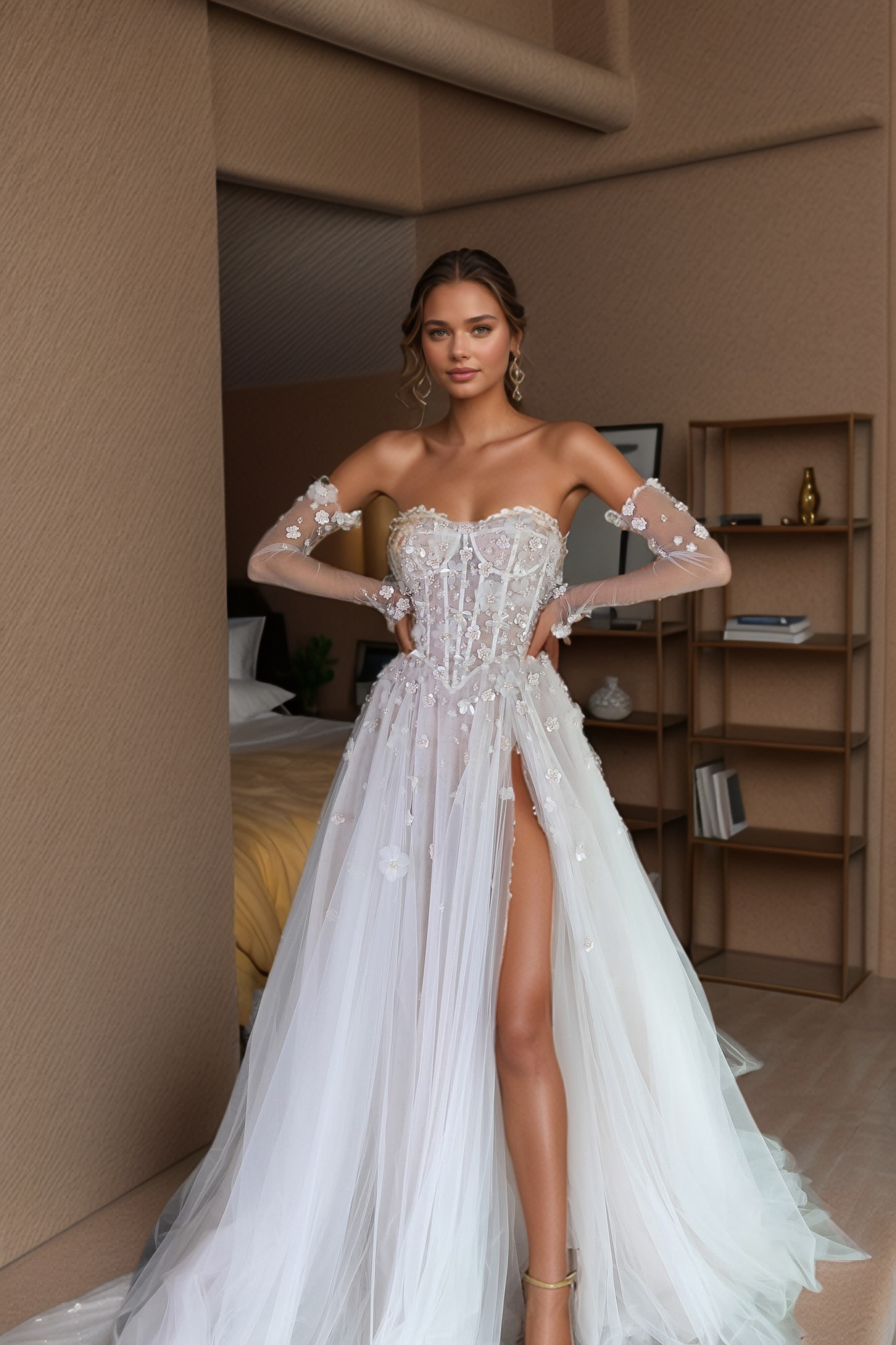 Elegant Sheer Corset Wedding Gown with 3D Floral Appliqués & Detachable Gloves