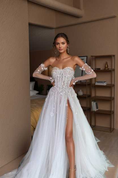 Elegant Sheer Corset Wedding Gown with 3D Floral Appliqués & Detachable Gloves