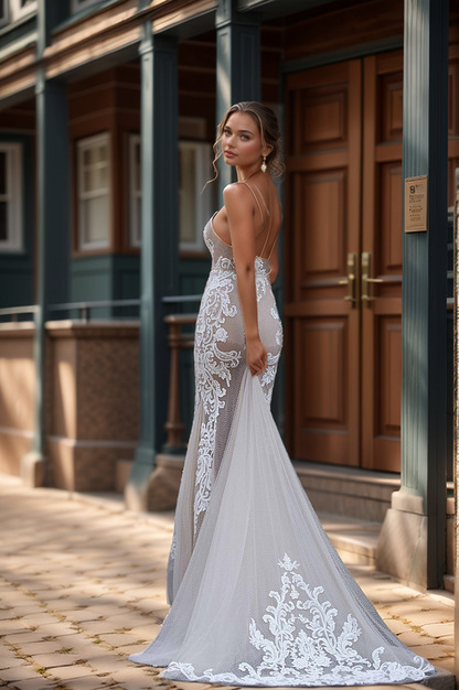 Glamorous Sheer Lace Mermaid Wedding Dress with Embroidered Appliqués