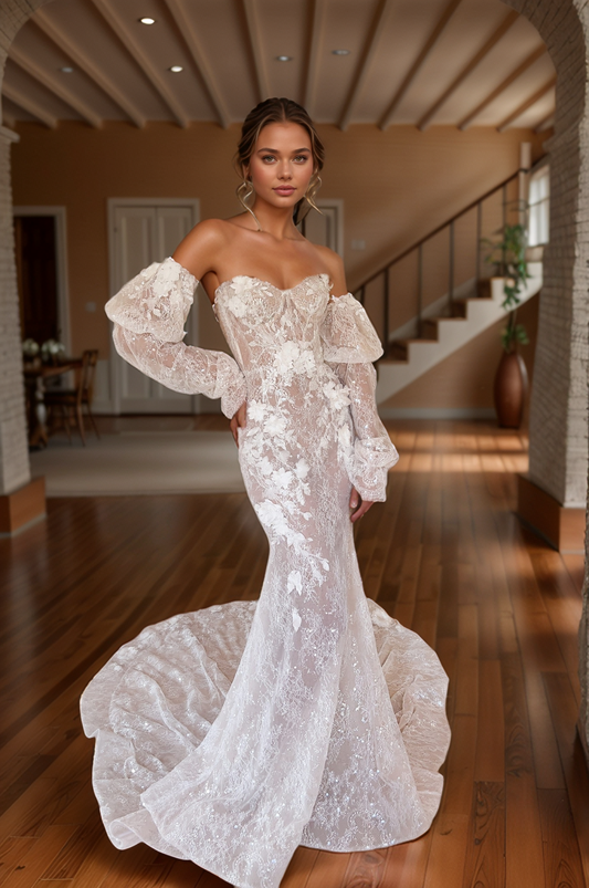 Romantic Sheer Lace Wedding Dress with Floral Appliqués & Detachable Puff Sleeves