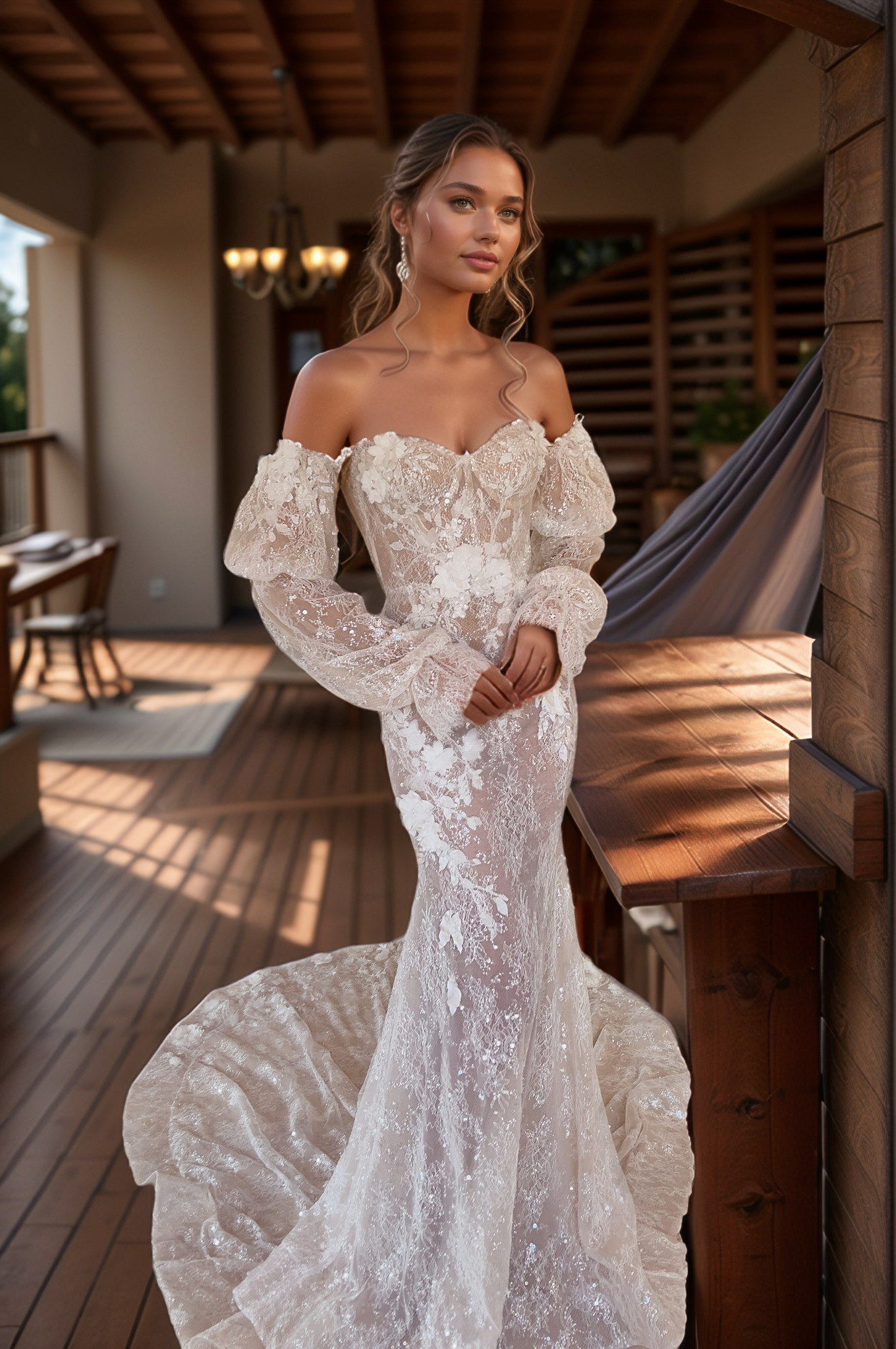 Romantic Sheer Lace Wedding Dress with Floral Appliqués & Detachable Puff Sleeves