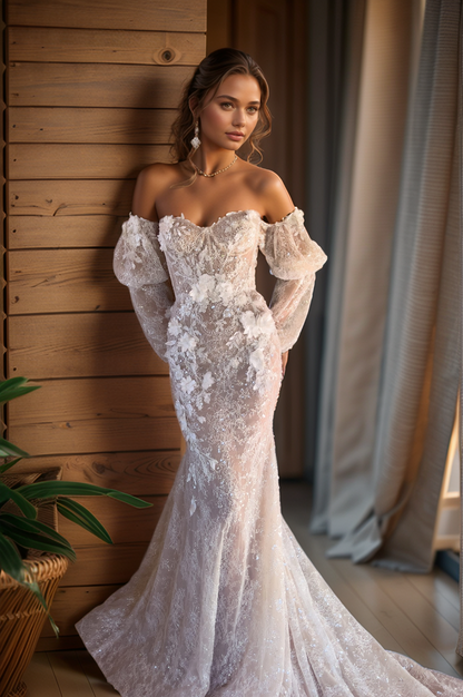 Romantic Sheer Lace Wedding Dress with Floral Appliqués & Detachable Puff Sleeves