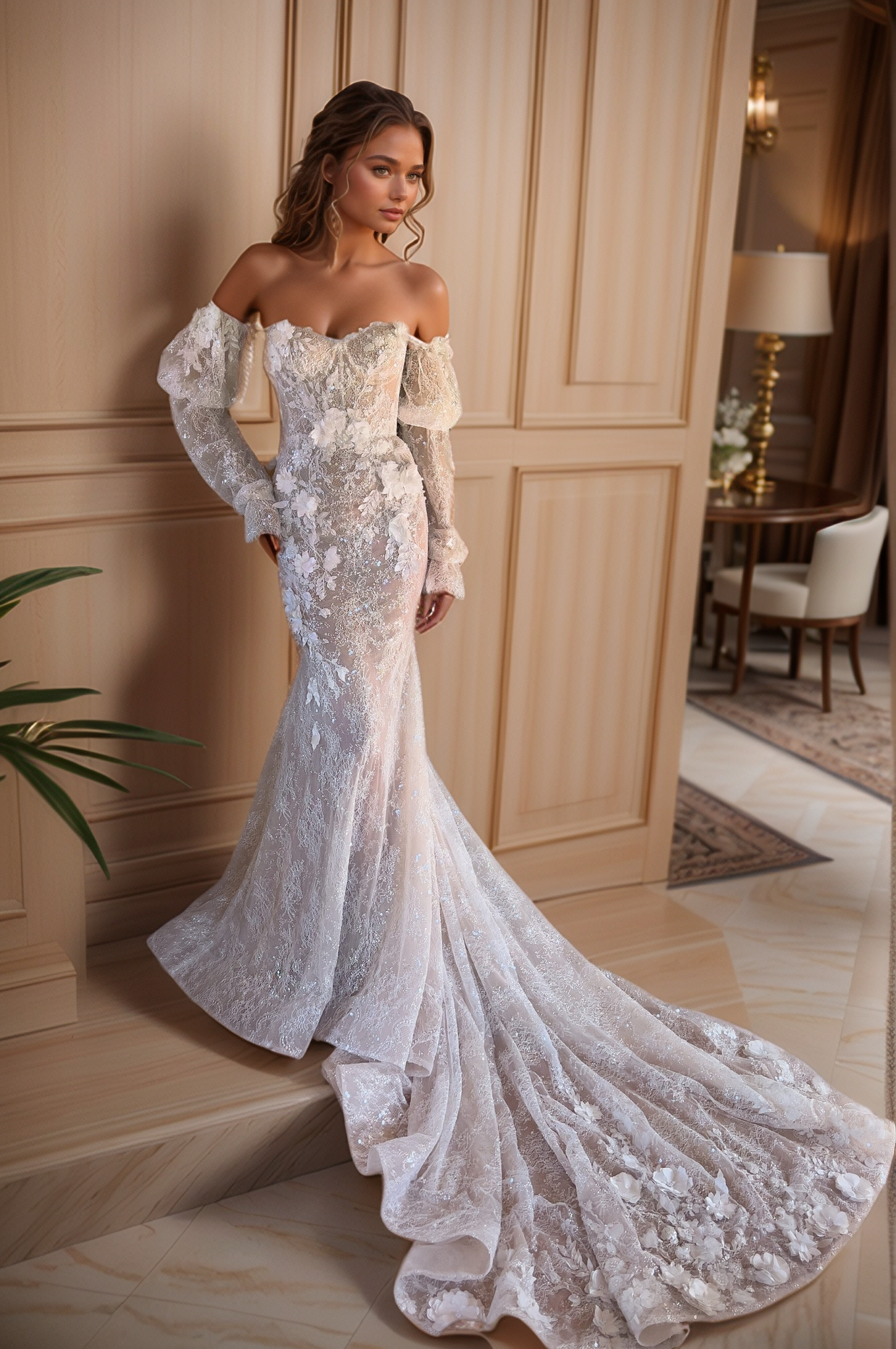 Romantic Sheer Lace Wedding Dress with Floral Appliqués & Detachable Puff Sleeves