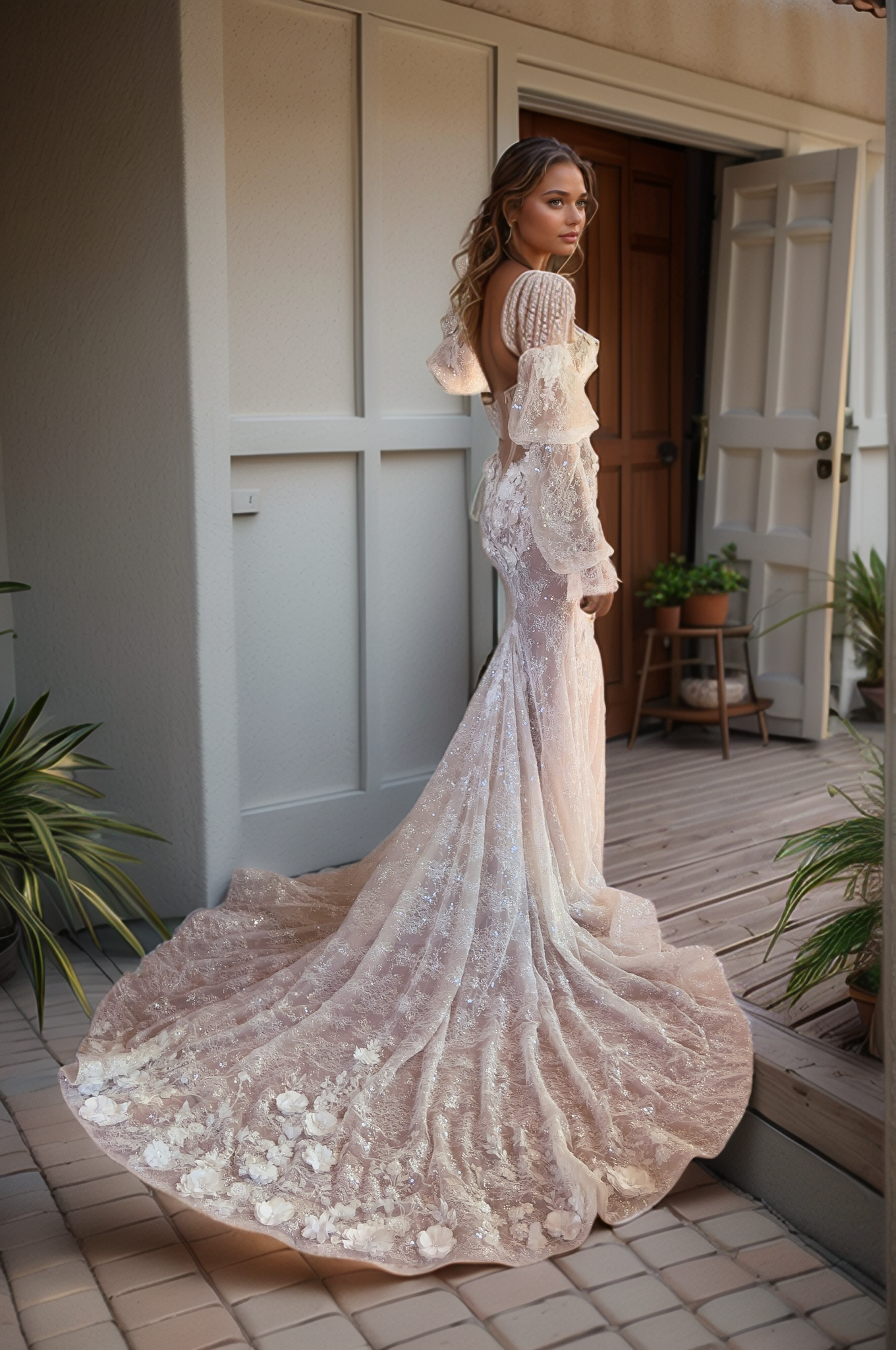 Romantic Sheer Lace Wedding Dress with Floral Appliqués & Detachable Puff Sleeves