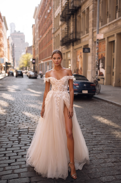 Romantic Off-Shoulder Corset Wedding Dress with High Slit & Tulle Skirt