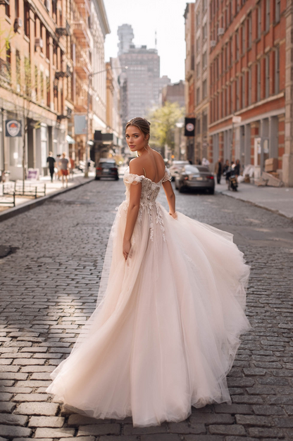 Romantic Off-Shoulder Corset Wedding Dress with High Slit & Tulle Skirt