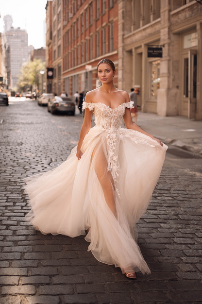 Romantic Off-Shoulder Corset Wedding Dress with High Slit & Tulle Skirt