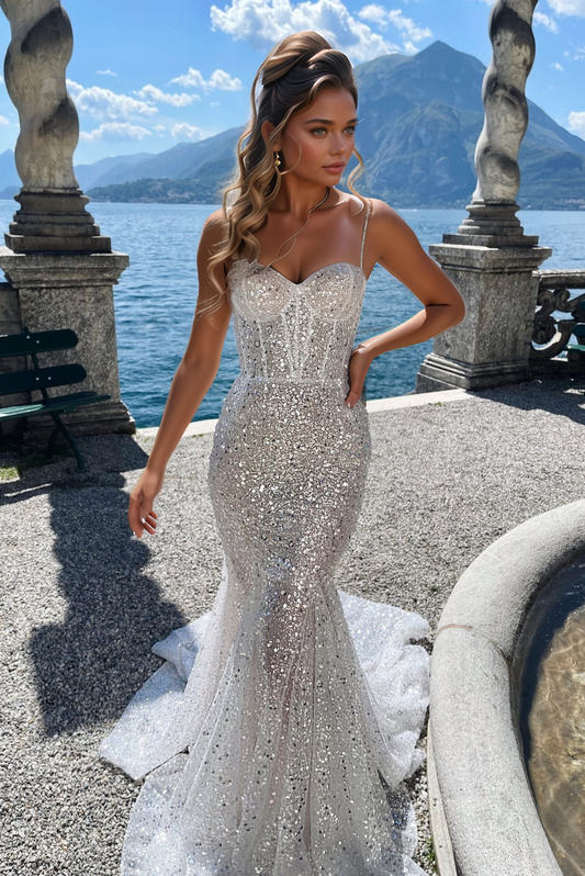 Glamorous Sparkling Beaded Mermaid Wedding Dress with Sheer Corset